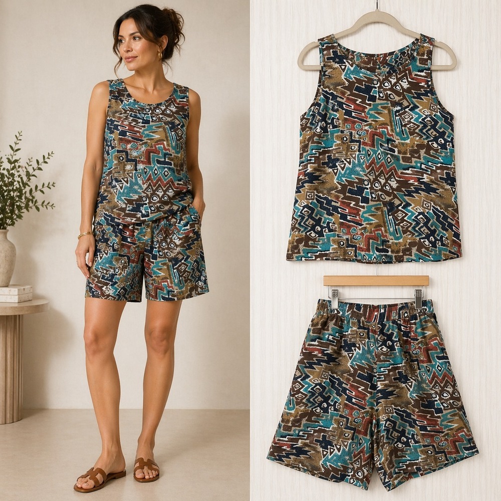 Vintage Silk Shorts Set Tank Stunt Collections Tribal Print 80s 90s Boho